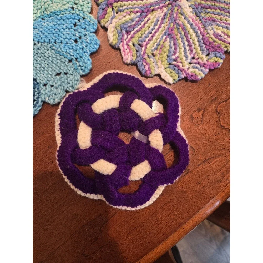 Handmade Knit/Crochet Potholder Trivets Lot of 3 Round Multicolor Purple/White